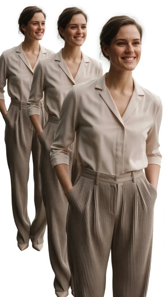Pleated Trousers with Tucked-In Blouse