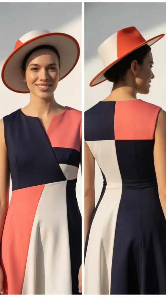 7. Bold Color Block Design with Asymmetrical Hat