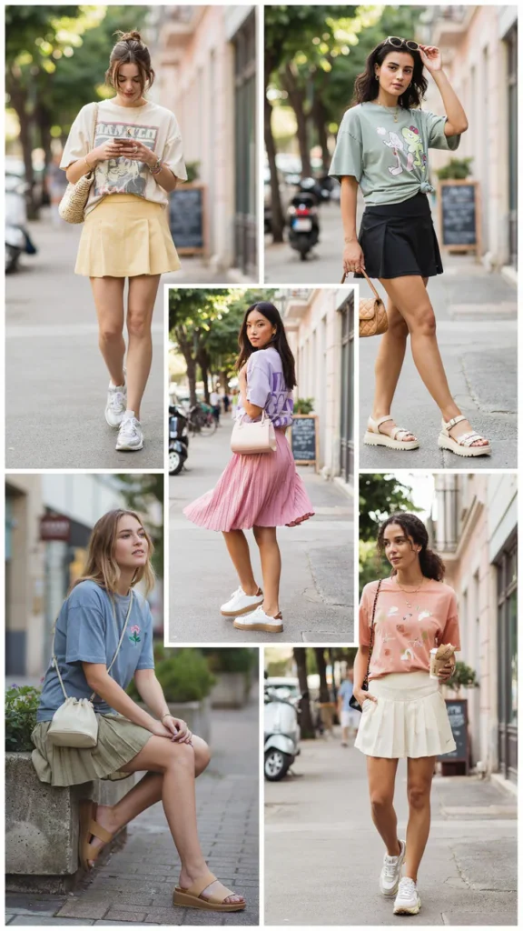 Loose Graphic Tee with Pleated Skirt