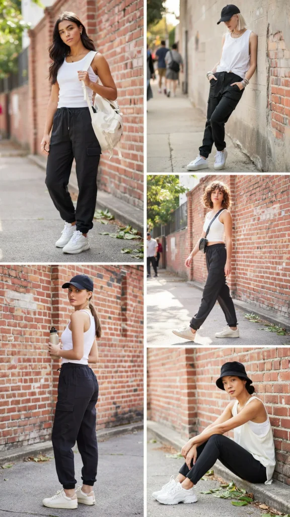 White Tank with Black Cargo Pants