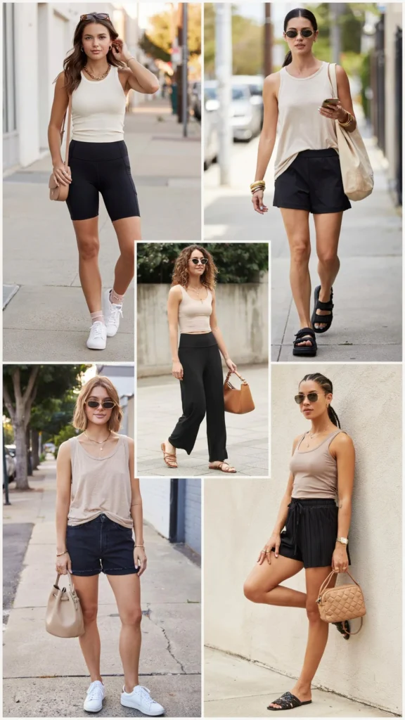 Neutral Tank with Black Shorts