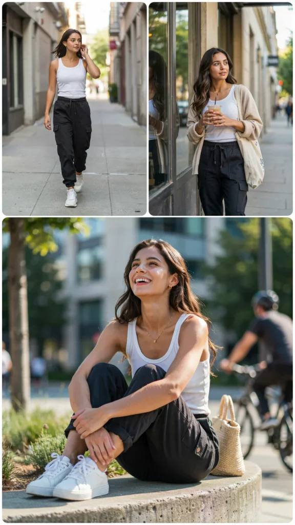 White Tank Top with Black Cargo Pants