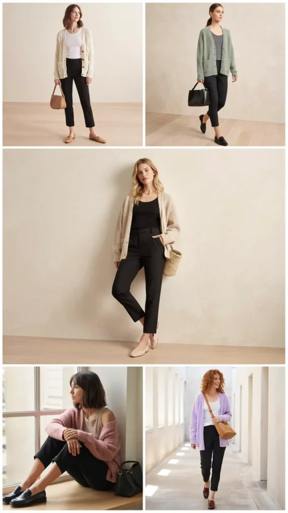 Soft Cardigan with Black Cigarette Pants
