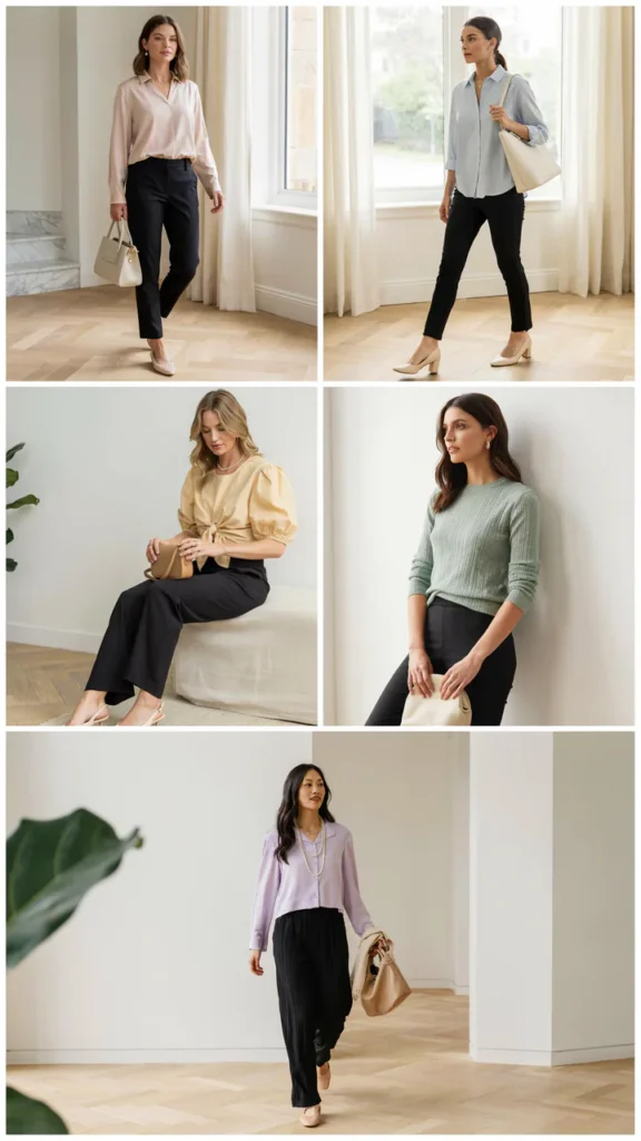 Pastel Blouse with Black Tailored Pants