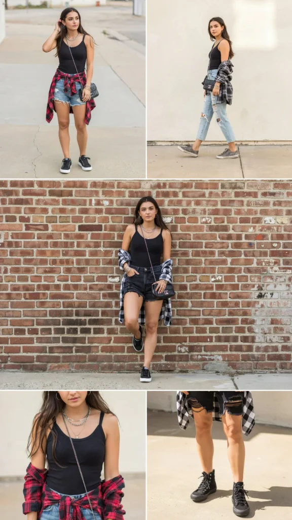 Black Tank Top with Ripped Denim Shorts