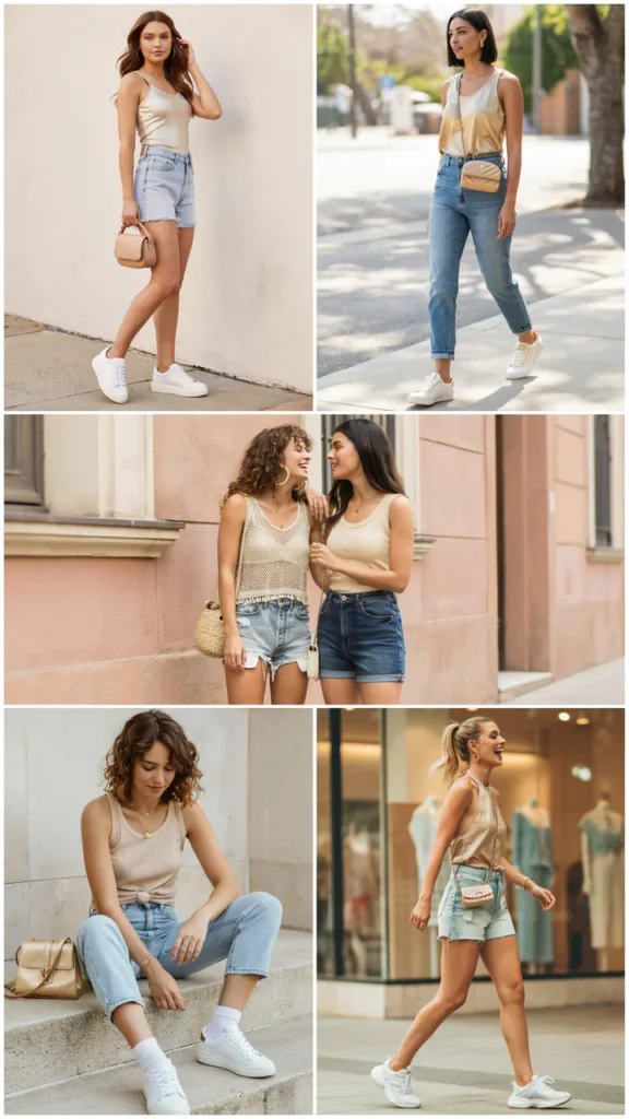 Gold Tank Top with Denim Shorts