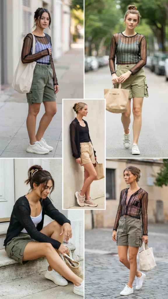 Mesh Top Over a Camisole with Cargo Shorts