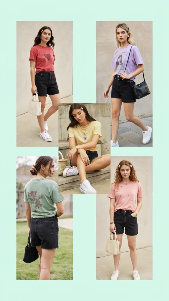 Colorful Baby Tee with Black Shorts