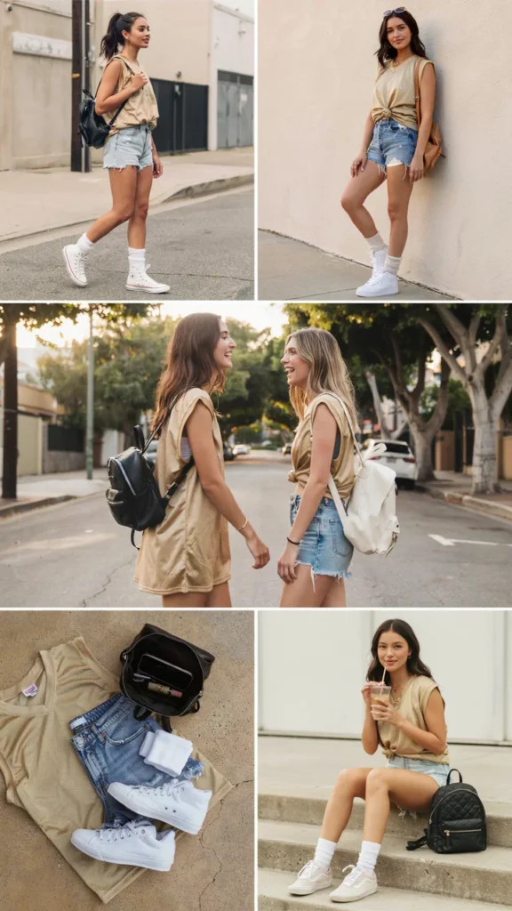 Gold Basketball Jersey with Denim Shorts