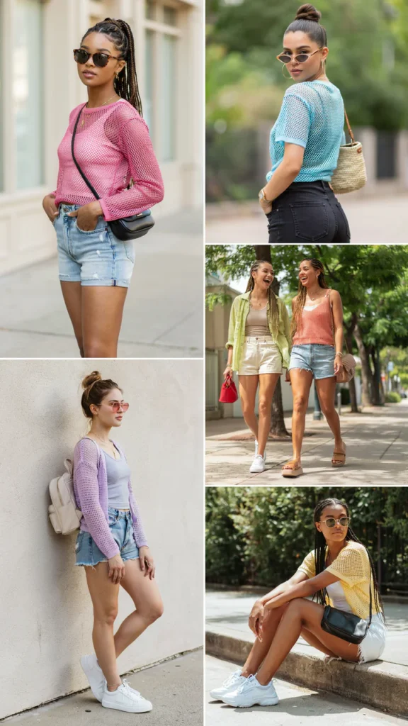 Colorful Mesh Top with Denim Shorts