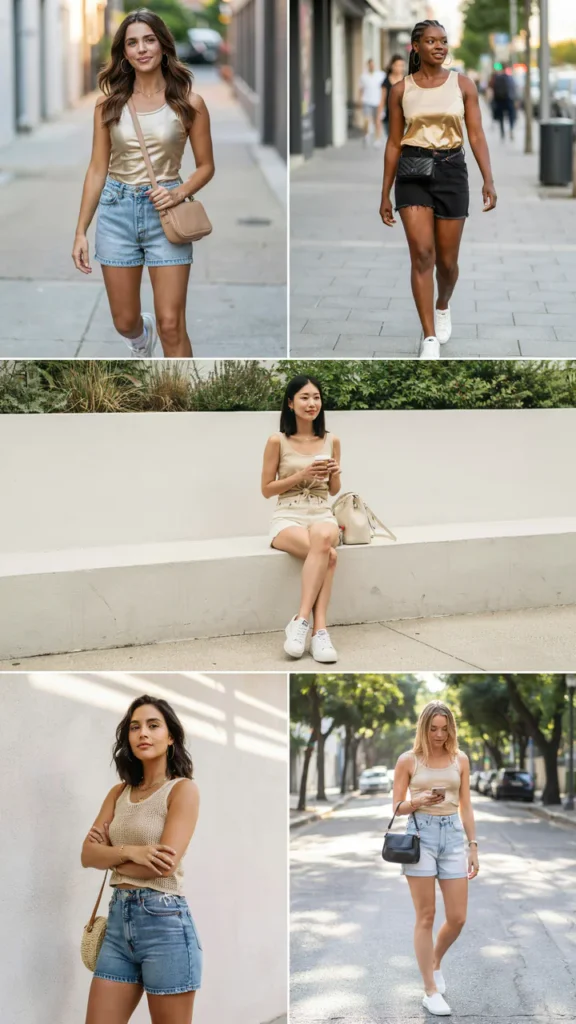 Gold Tank Top with Denim Shorts