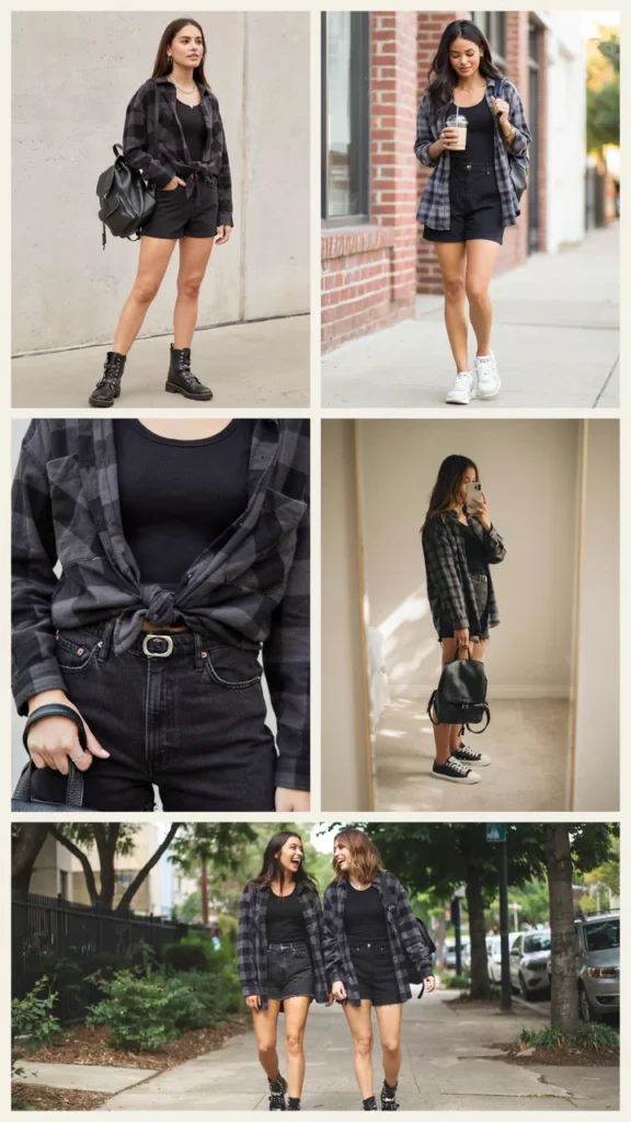 Dark Plaid Shirt with Black Denim Shorts