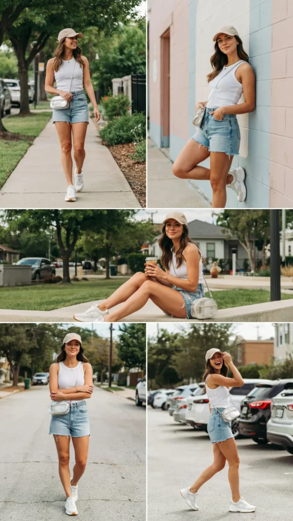 1. White Tank Top with Denim Shorts