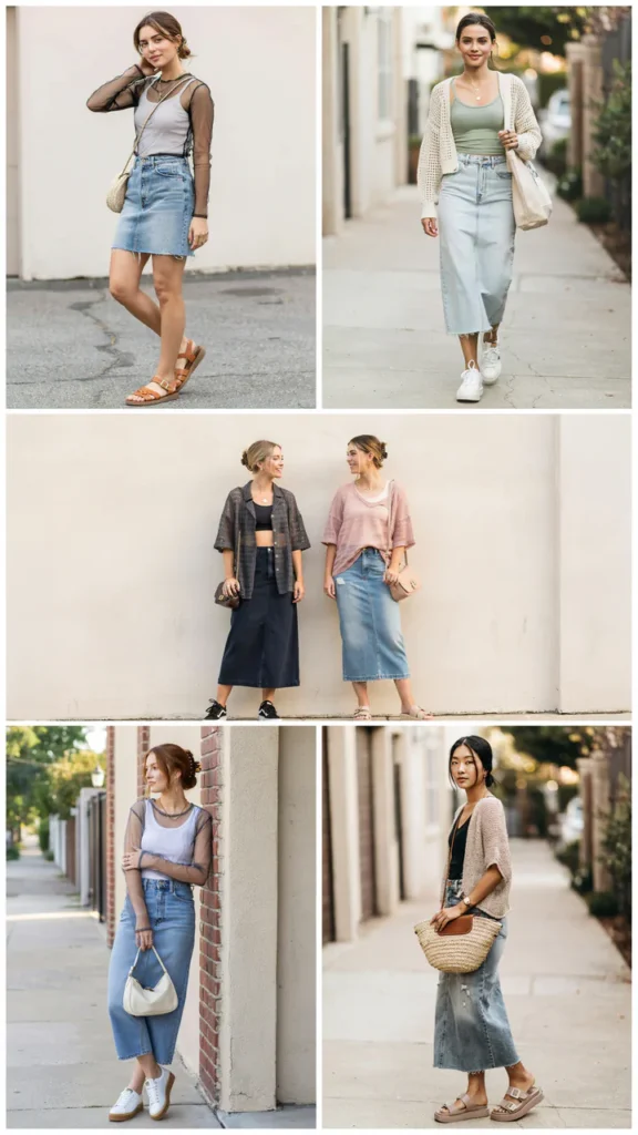 Mesh Top over a Tank with Denim Skirt