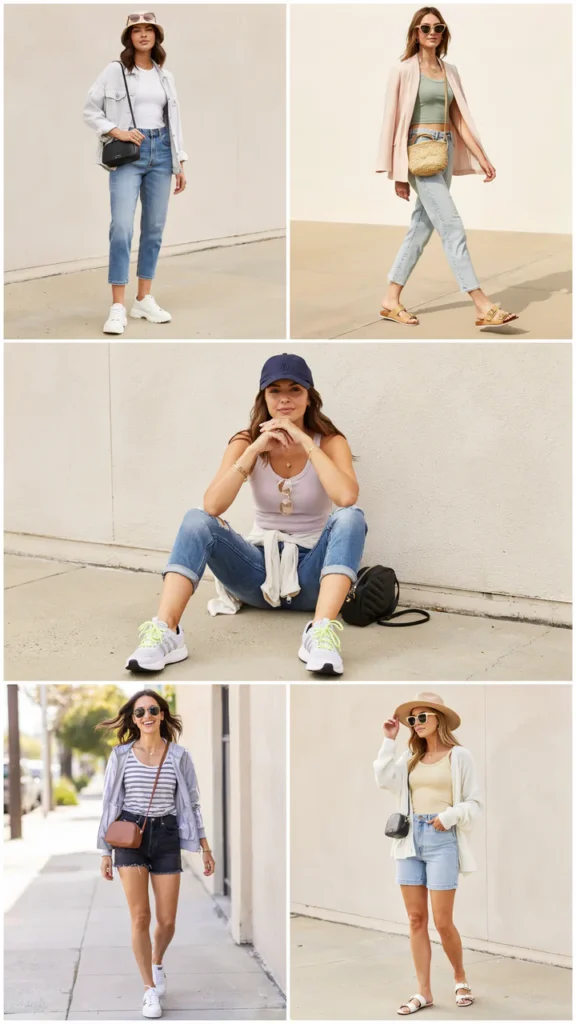  Tank Top with Light Jacket and Denim Shorts