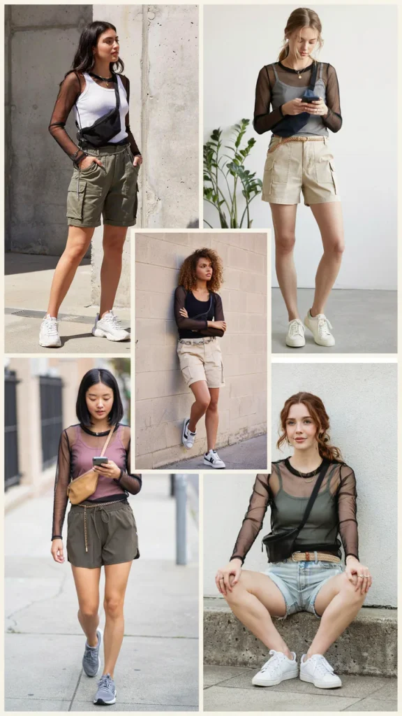 Mesh Long Sleeve Top with Cargo Shorts
