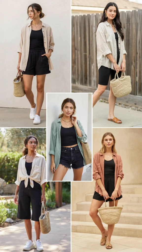 Linen Button-Up with Black Shorts