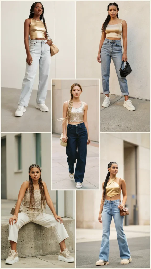 Gold Crop Top with Wide-Leg Jeans