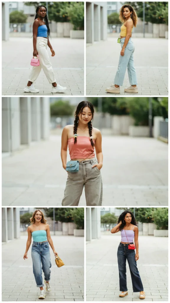 Bright Tube Top with Wide-Leg Jeans