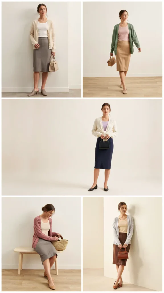 Light Cardigan with Tank Top and Pencil Skirt