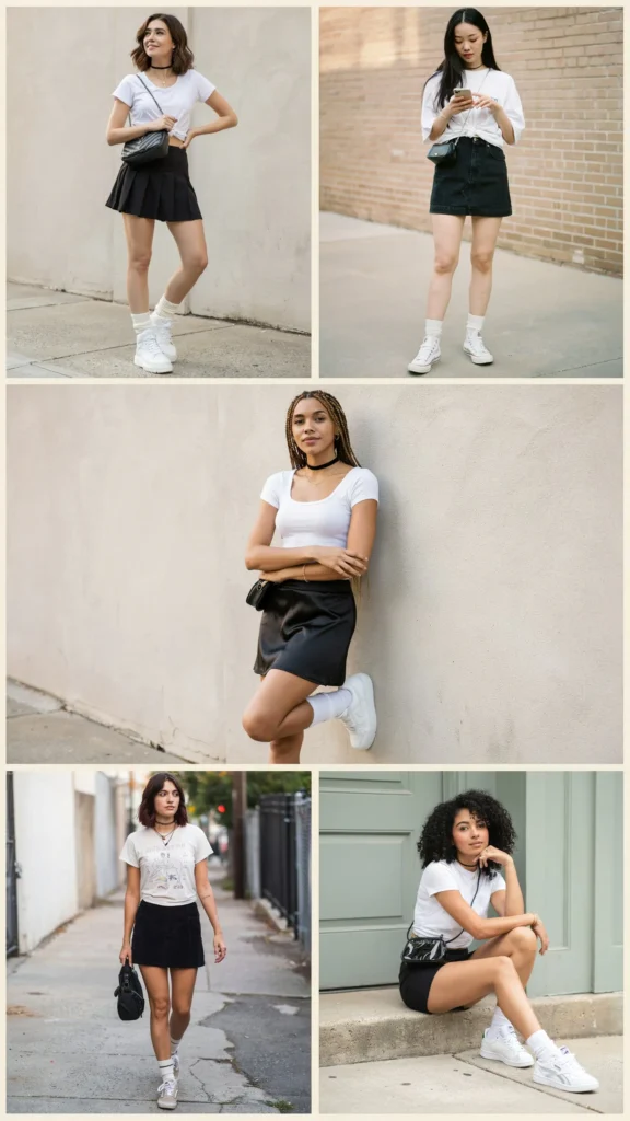 White Baby Tee with Black Mini Skirt