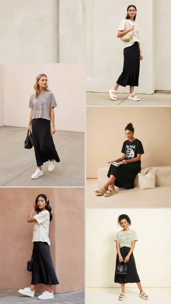 Graphic Baby Tee with Long Black Skirt