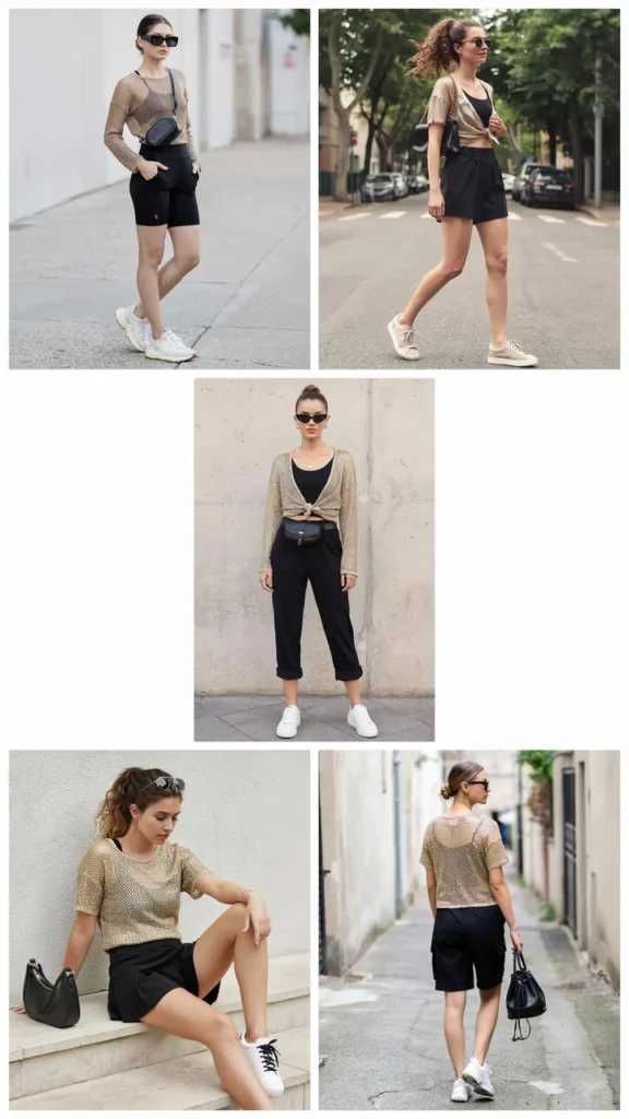 Gold Mesh Top with Black Shorts