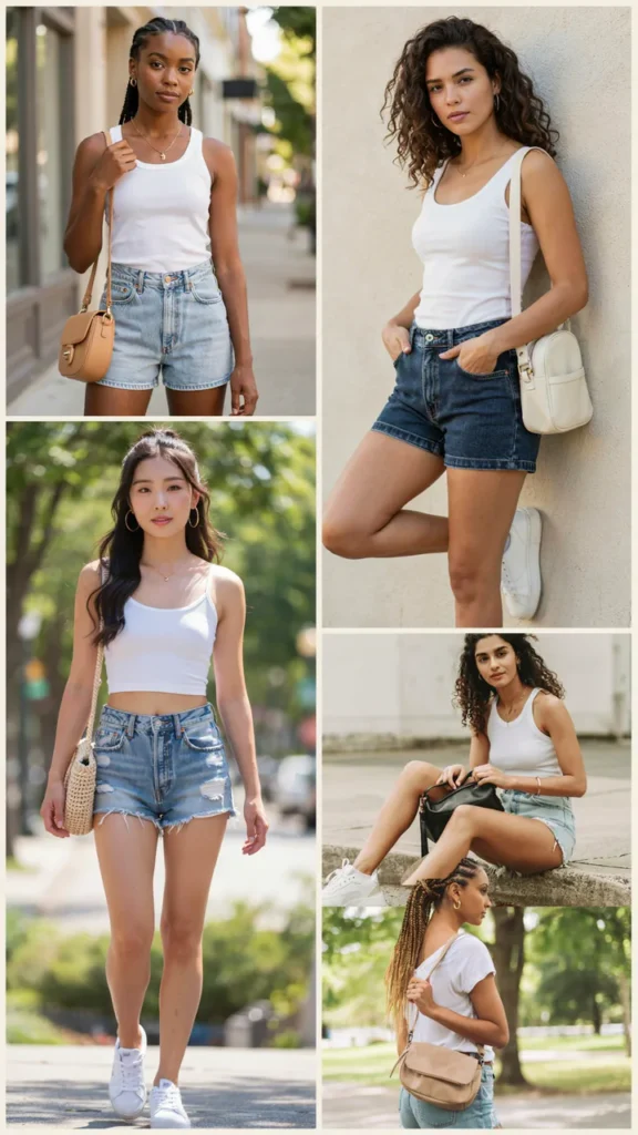 White Tank Top with Denim Shorts