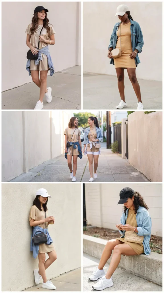 Gold T-Shirt Dress with Sneakers