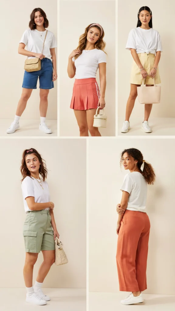 White Tee with Colorful Shorts