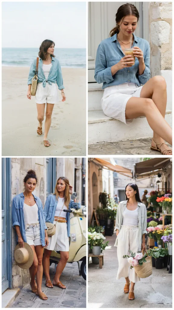 Chambray Shirt with White Shorts