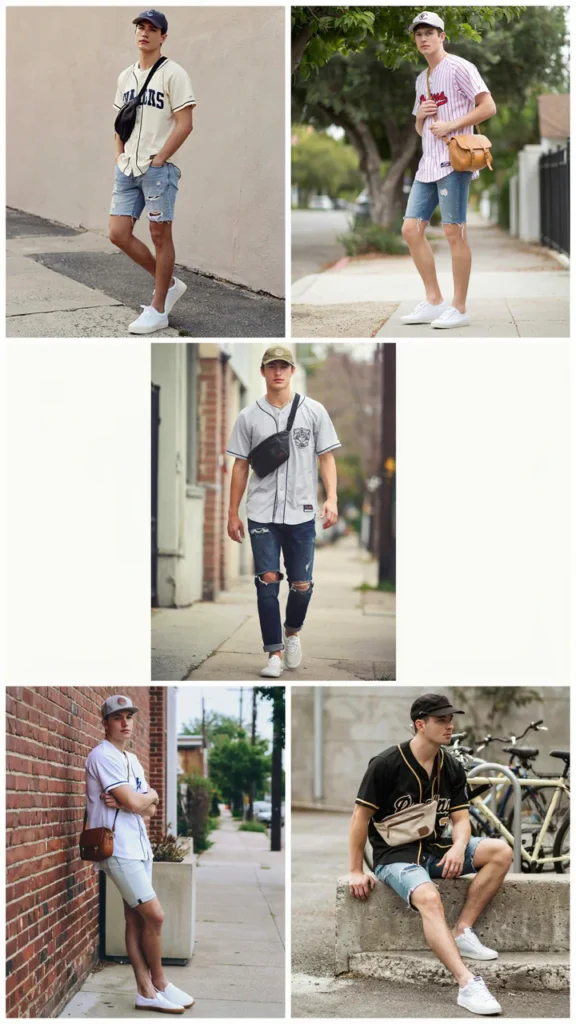 Baseball Jersey with Ripped Denim Shorts