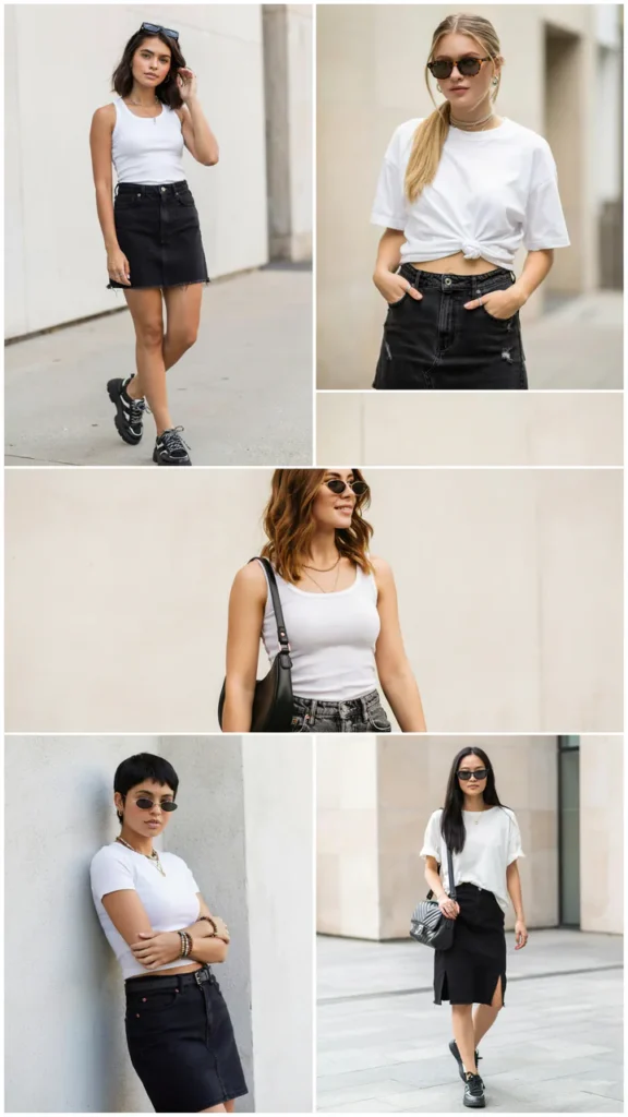 White Baby Tee with Black Denim Skirt