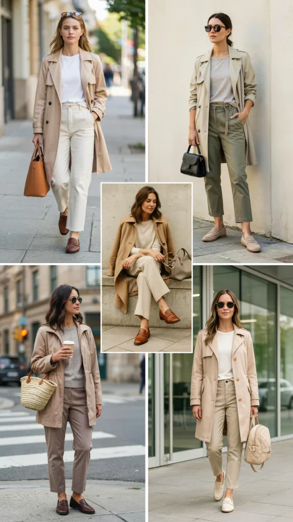 Light Trench Coat with T-Shirt and Trousers