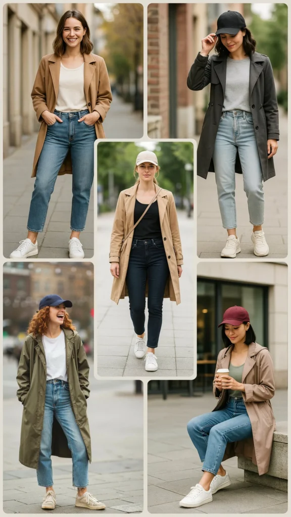 8. Baseball Cap with Trench Coat and Jeans
