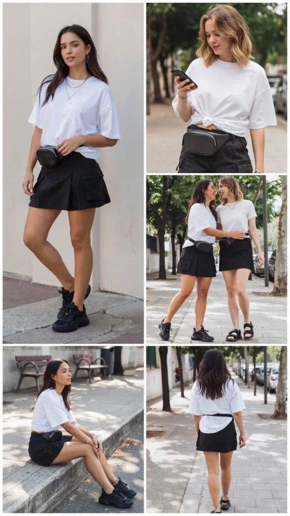 White T-Shirt with Black Cargo Skirt