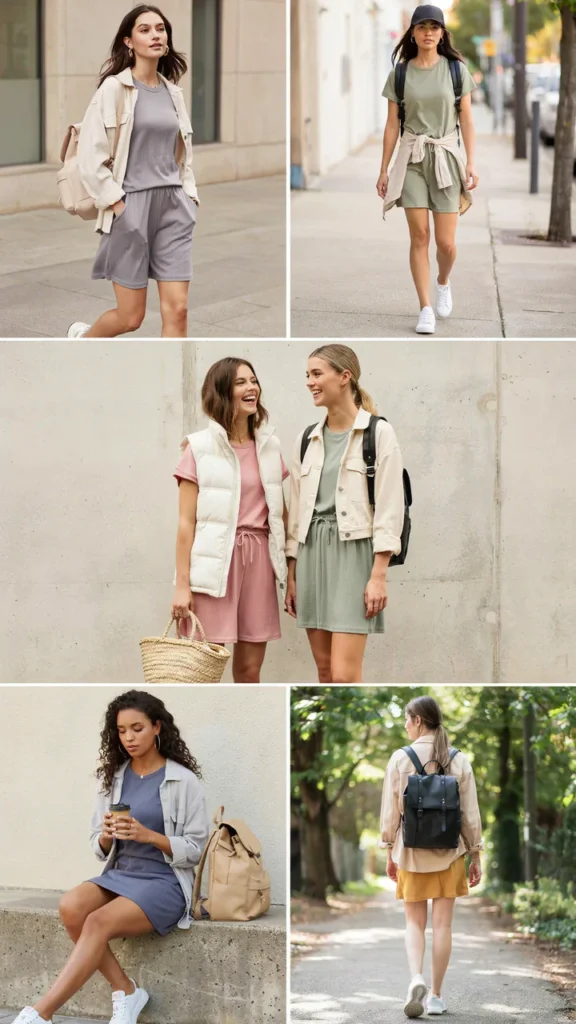 Sporty T-Shirt Dress with Light Jacket and Sneakers
