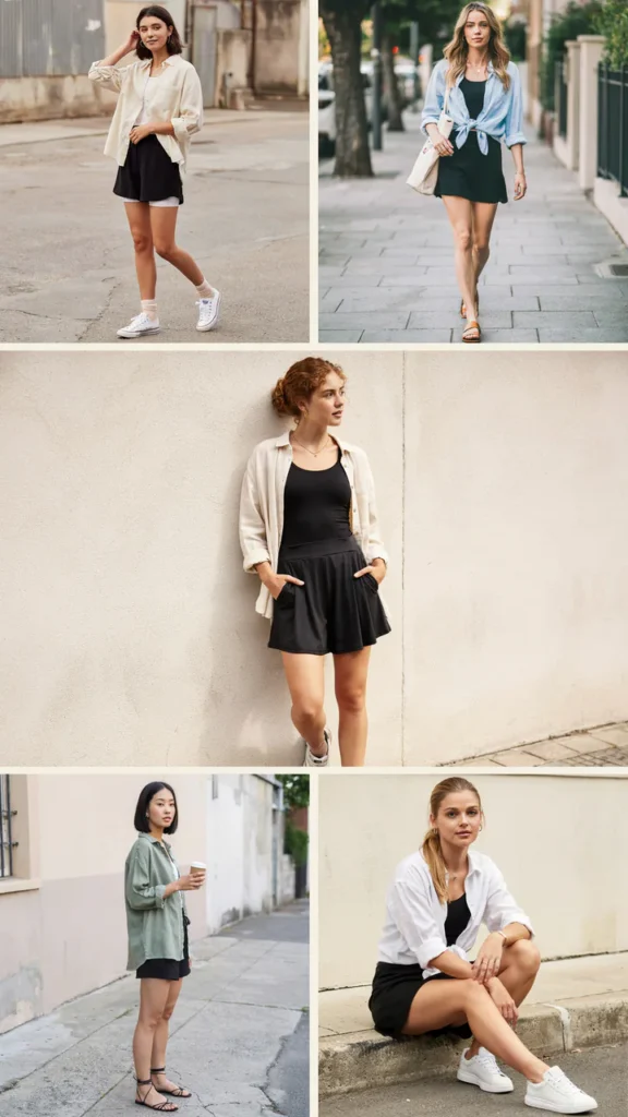 Linen Shirt with Black Mini Skirt