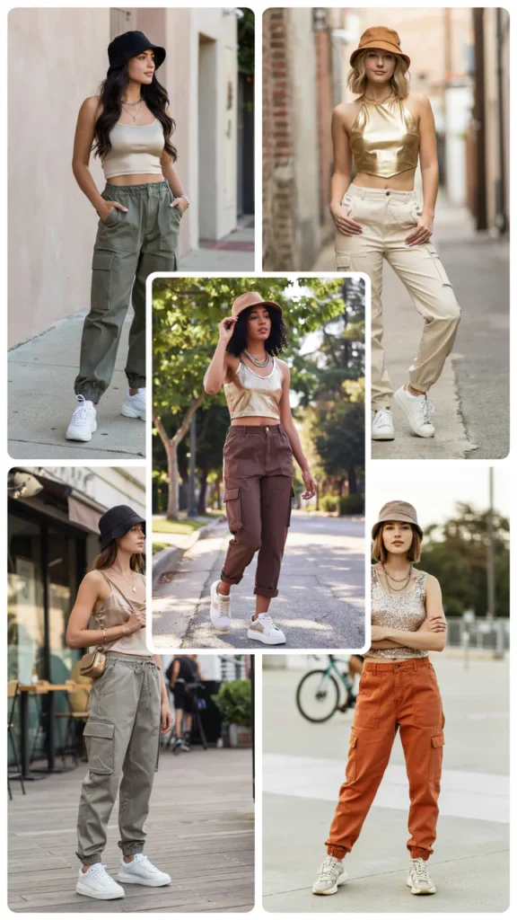 Gold Crop Top with Cargo Pants
