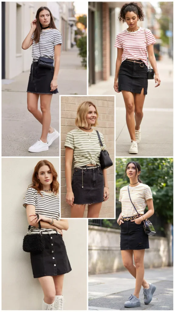 Striped T-Shirt with Black Denim Skirt