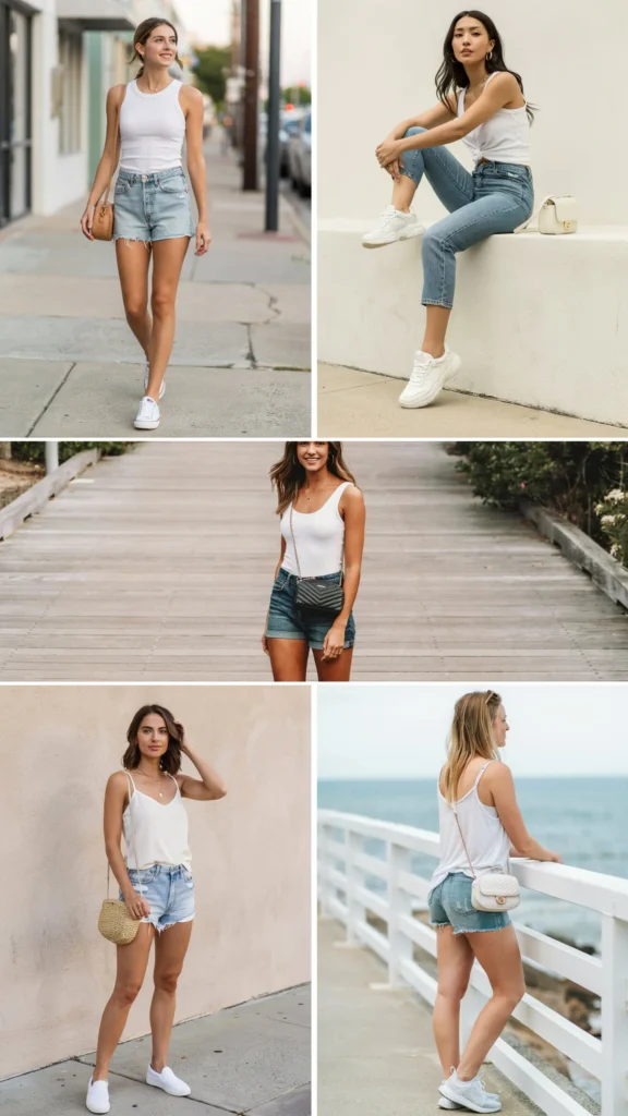 White Tank Top with Denim Shorts