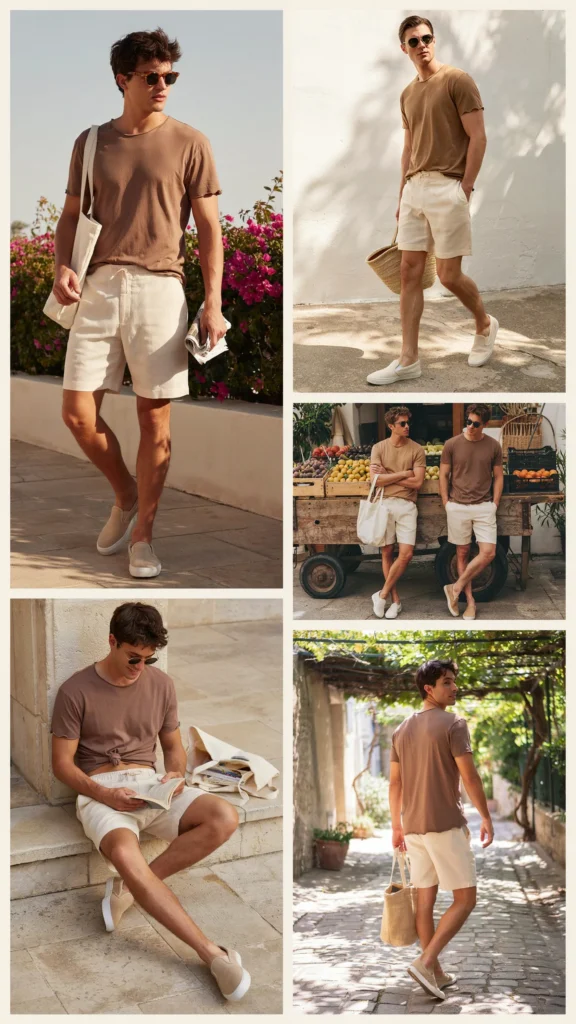 Faded Brown Tee with Cream Linen Shorts