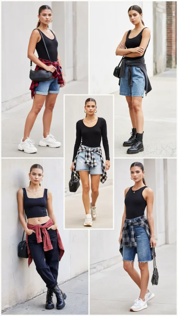 Black Bodysuit with Baggy Denim Shorts