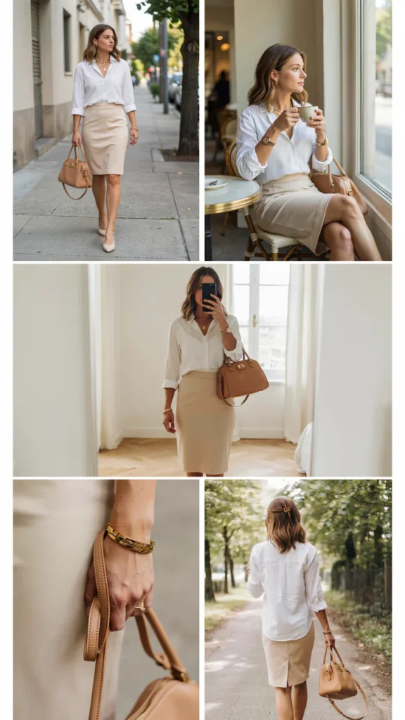 White Blouse with a Beige Pencil Skirt