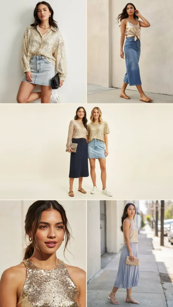 Gold Sequin Top with Denim Skirt