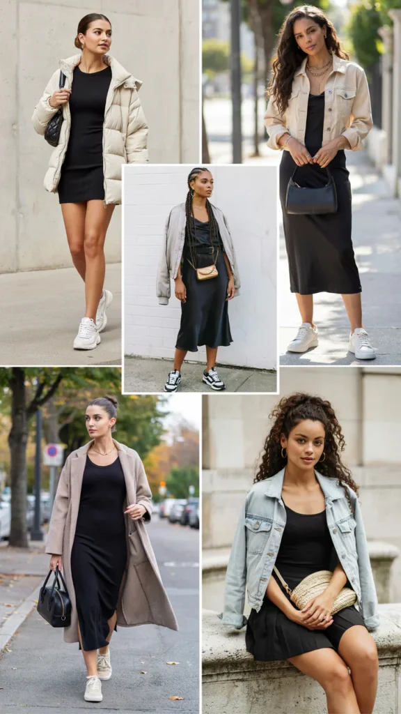 Chic Black Dress with Sneakers