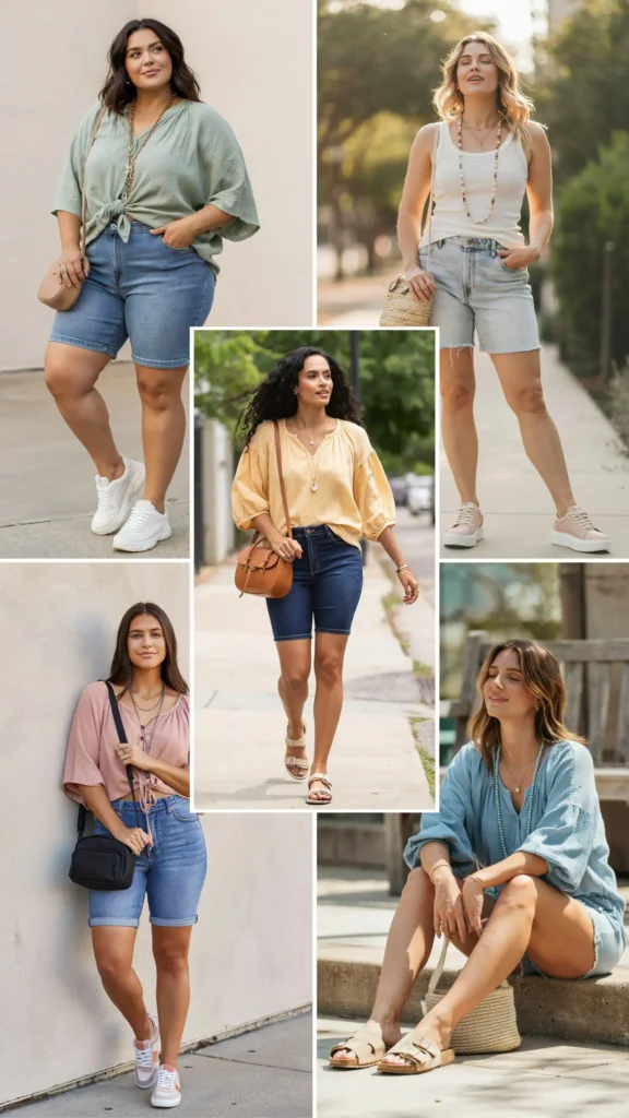 Plus-Size Flowy Top with Stretch Denim Shorts
