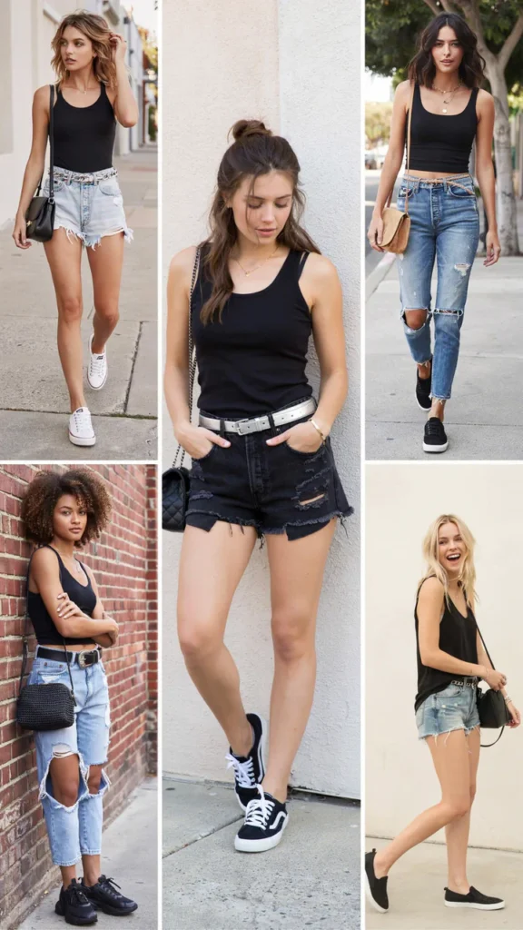 Black Tank Top with Ripped Denim Shorts