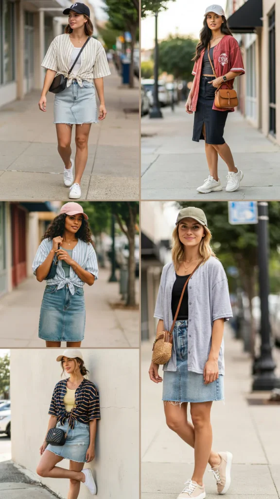 Baseball Jersey with Denim Skirt