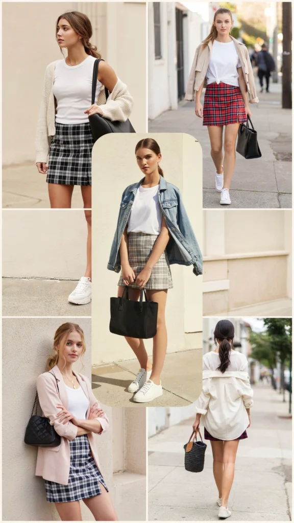 White T-Shirt with Plaid Mini Skirt and Light Jacket